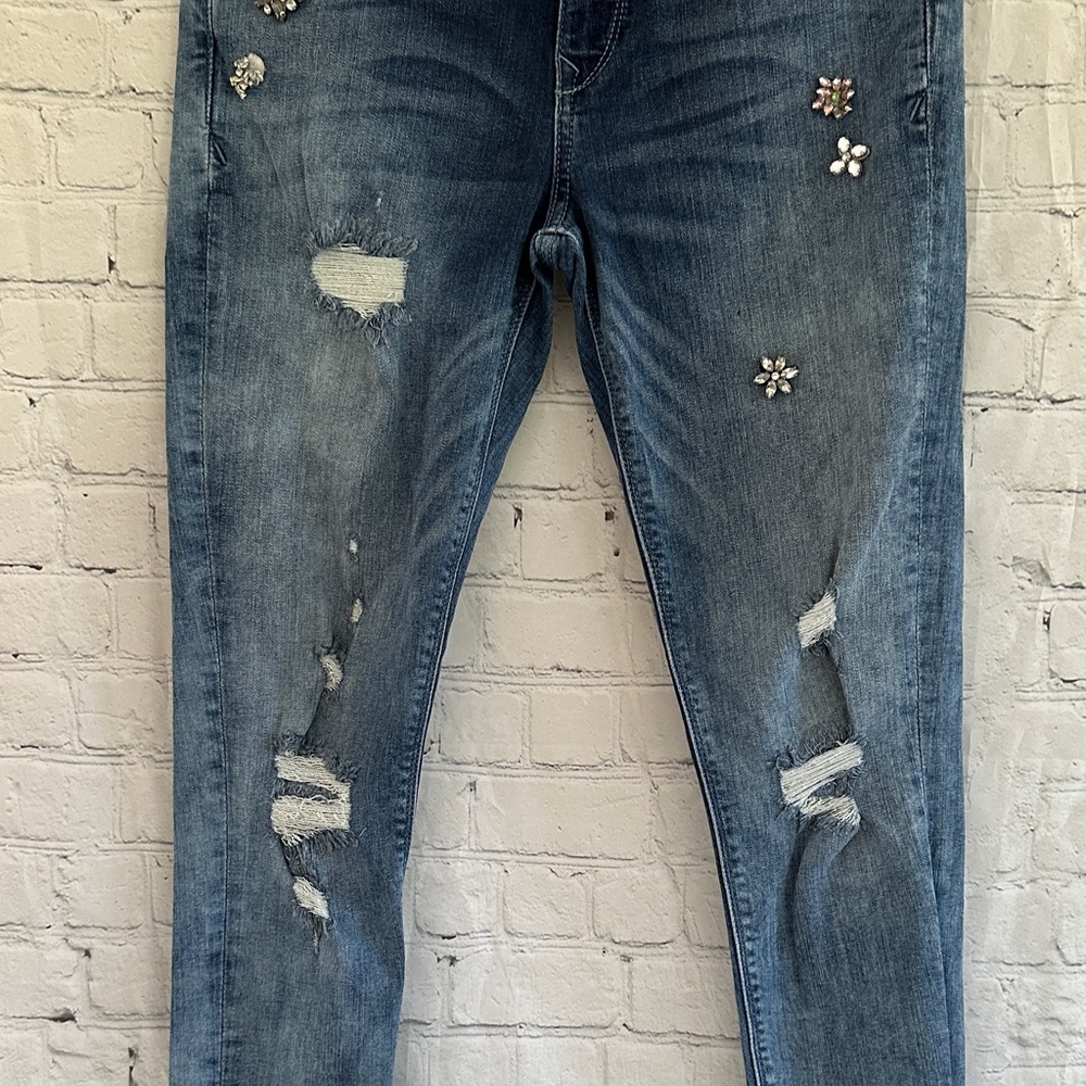 Express Women's Blue Distressed Jeweled Skinny Jeans - Picture 4 of 10